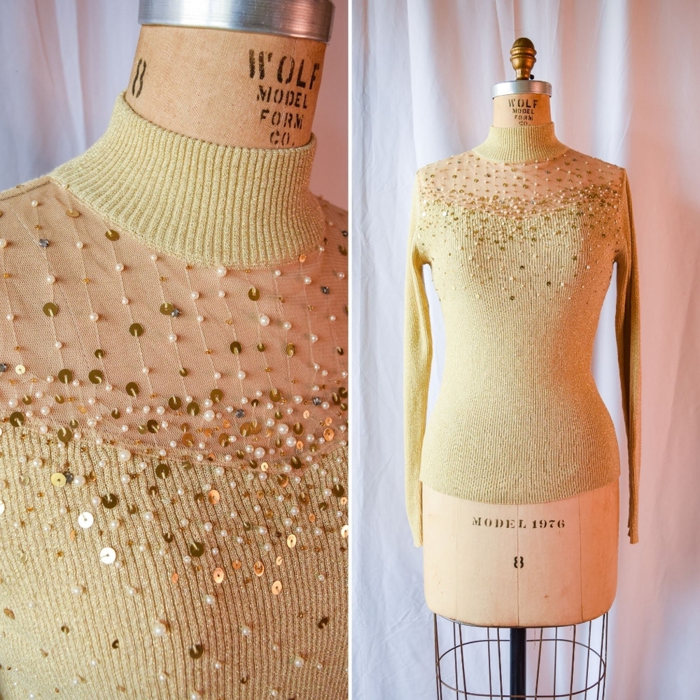 ⚡HP⚡Vintage 1970s Beaded + Sequined Turtleneck